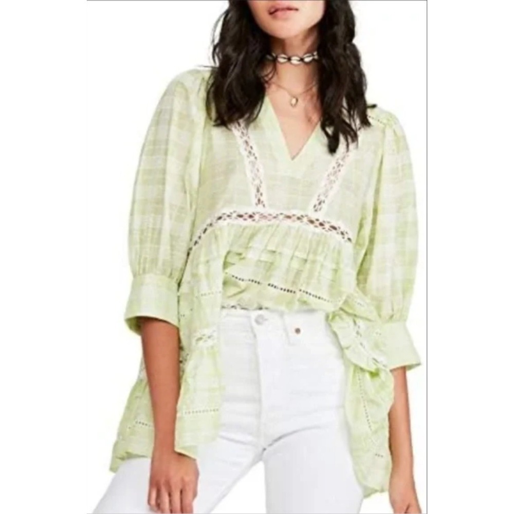 Free People Tunic Blouse Womens Large Green Check Crochet Lace Tiered Boho Top